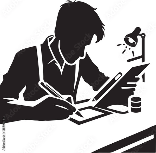 Fototapeta Silhouette vector of a graphic designer creating content at a desk with tools, ideal for creative work, digital design, and branding visuals.