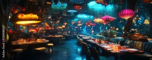Fototapeta Enchanting underwater restaurant scene. Tables are set in a magical, luminous space adorned with vibrant jellyfish-like lamps and aquatic decor.