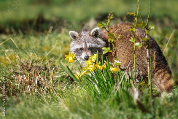 Obraz Raccoon (Procyon lotor) on a backyard meadow behind flowers looking to the camera, cute animal but invasive species and neozoan in Germany, Europe, copy space, selected focus