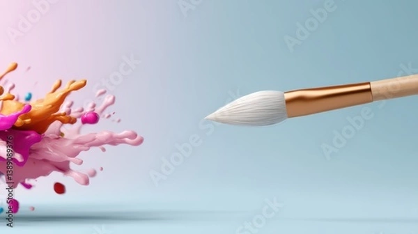 Fototapeta A close-up of a paintbrush about to touch colorful splashes of paint, showcasing creativity and artistic expression.
