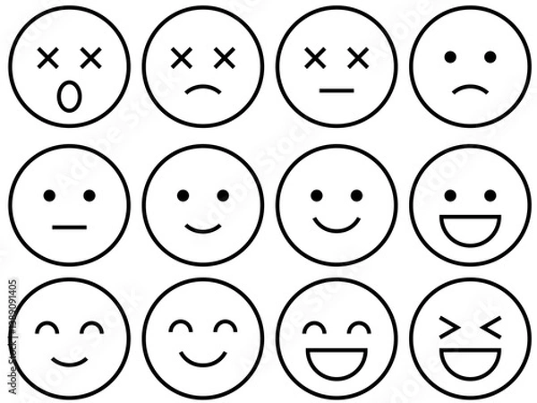 Obraz 表情アイコンセット　良い・悪い・評価・満足度・感情を表すシンプルな線画イラスト（モノクロ）