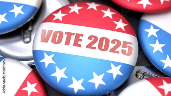 Fototapeta Vote 2025 in the USA. Voting button with a phrase: vote 2025. A symbolic view of election importance in America ,3d illustration