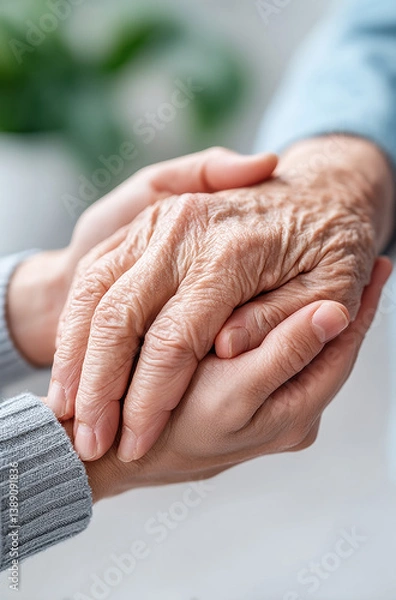 Obraz caring moment at home as younger person gently holds hands of elderly individual, symbolizing compassion and support in daily care routines