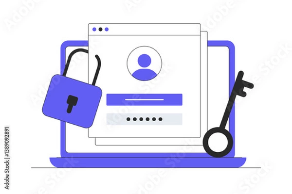 Fototapeta Online authentication, strong password for cyber security, high protection and safety for login account, secure data privacy. Flat Cartoon Vector Illustration, icon. Stylish abstract design 