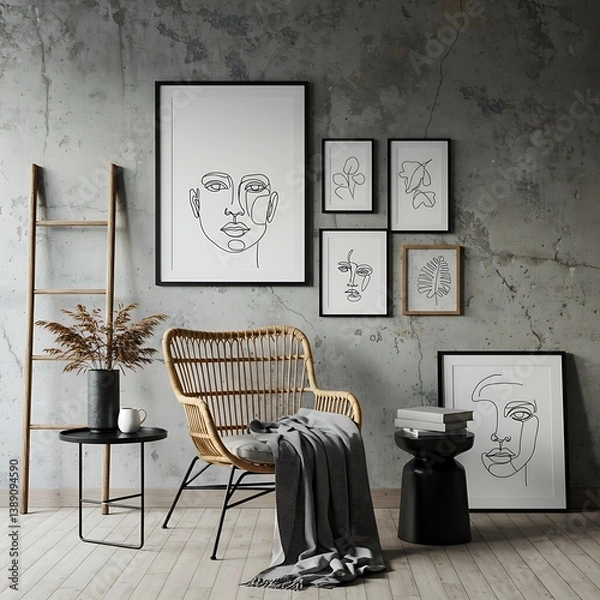 Fototapeta Serene minimalist line art portraits adorning a cozy rattan chair in a modern living space, featuring soft neutral tones and a textured concrete backdrop.