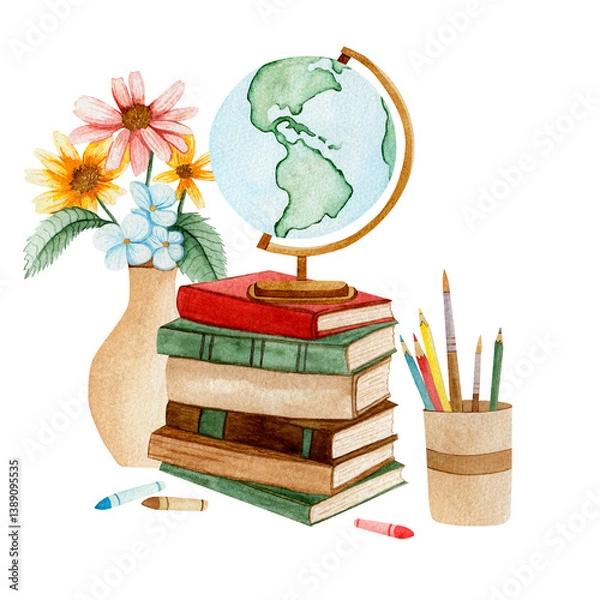 Obraz Watercolor illustration of a school scene with stacked books and globe, vase with flowers, stationery holder, and crayons. Soft pastel style, perfect for education-themed projects and decor.