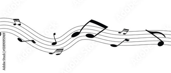 Fototapeta Vector musical melody with floating notes on staff lines. Elegant music score illustration for banners, posters, greeting cards, backgrounds, and creative projects in eps 10.