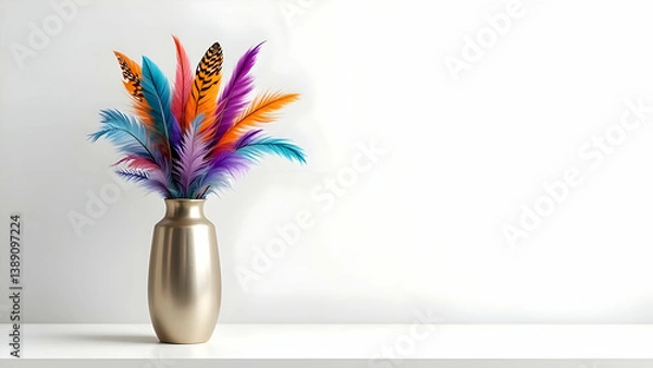 Fototapeta Vibrant Feather Arrangement in Gold Vase – A Striking Decorative Statement