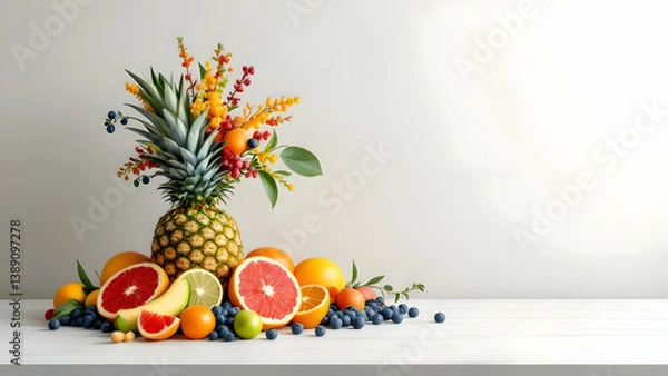 Fototapeta Vibrant Fruit Arrangement with Pineapple, Citrus, and Berries on White Surface