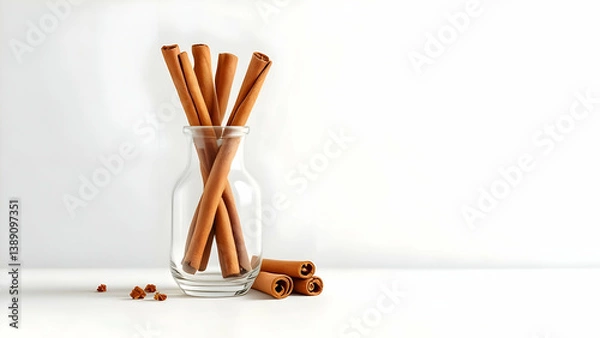 Fototapeta Elegant Display of Cinnamon Sticks in Glass Jar on Minimalist White Background