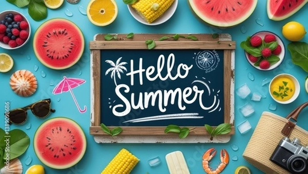 Fototapeta Vibrant Summer Travel Banner: Tropical Flat-Lay with Fresh Seasonal Foods & ‘HELLO SUMMER’ Sign