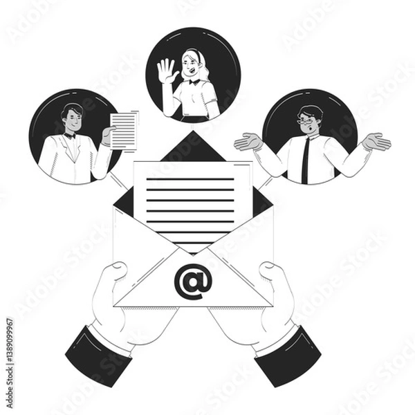 Obraz Business email communication doodle line illustration concept. Office workers correspondence. Collaborative messaging online employees 2D outline characters isolated. Hand drawn metaphor monochrome
