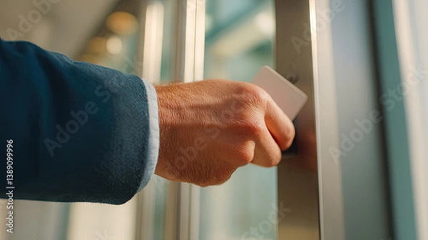 Fototapeta Man using access card to enter office building security access control