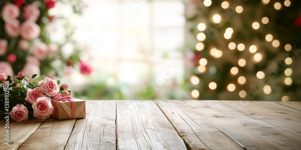 Obraz Empty wooden table for product placement with pink roses and gift box, festive bokeh lights in background, concept of product placement for Mother's Day, birthday, or romantic holidays.