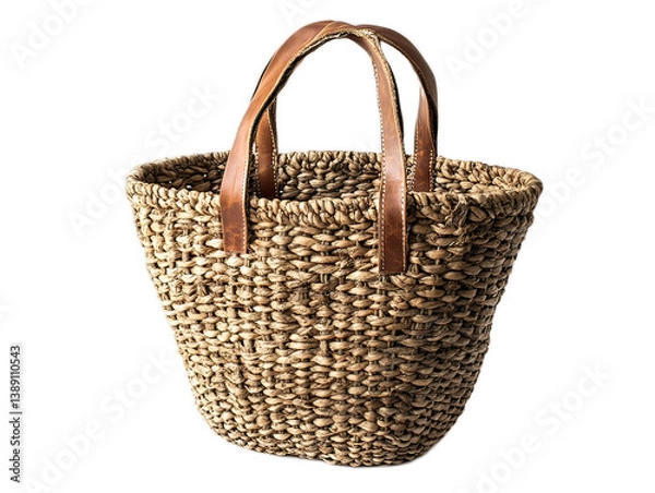 Obraz Handwoven market basket made from seagrass with leather handles, natural variations in weave pattern, shopping essential on white background
