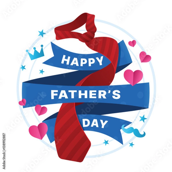 Obraz Happy Father's day - Text in blue ribbon cross red necktie and pink peper heart around vector design