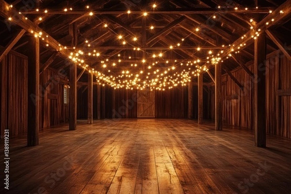 Obraz Warm string lights illuminate the inside of a rustic wooden barn