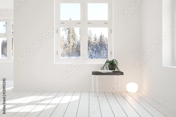 Fototapeta White empty room with winter landscape in window. Scandinavian interior design