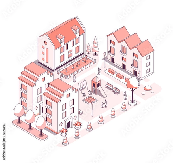 Fototapeta Residential buildings with playground - vector isometric illustration