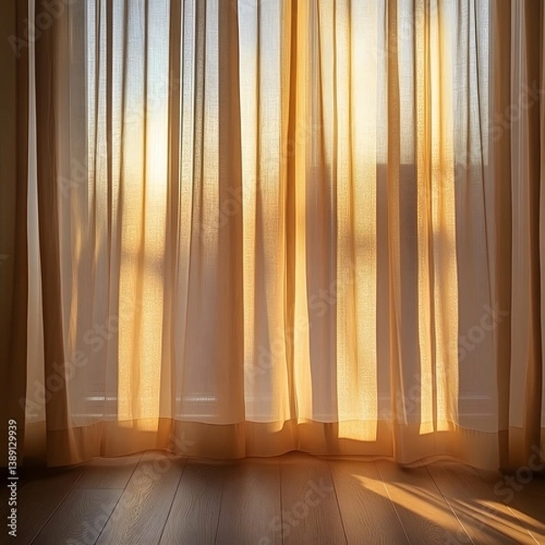 Fototapeta Golden hour sunlight filtering through sheer curtain in minimalist interior, casting soft textures shadows across calm space designed for quiet moments and natural home atmosphere