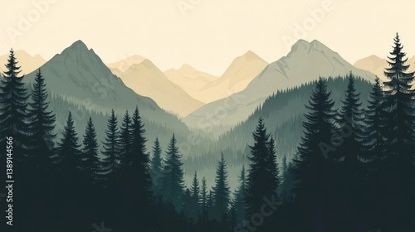 Fototapeta Hand-drawn vector illustration of mountains and forest silhouette for travel and nature