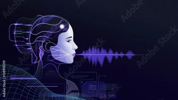 Fototapeta Voice Recognition Technology: A futuristic and intricate illustration highlights voice recognition technology, featuring a stylized person profile emitting vibrant sound waves.