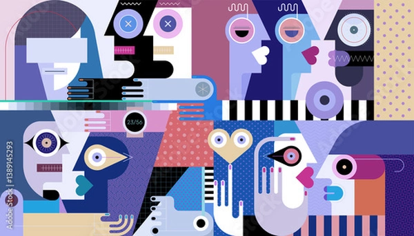 Fototapeta A large group of adults met to chat and have a good time together. Coloured modern art graphic illustration.