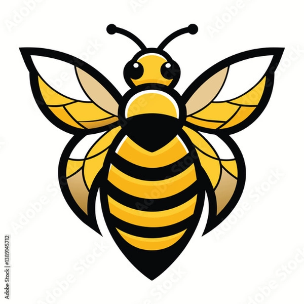 Fototapeta A cartoon illustration of a yellow and black bee with its wings spread open, set against a white background.