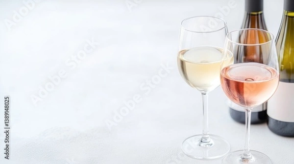Fototapeta Two elegant wine glasses filled with white and ros wine on a marble surface, accompanied by bottles, soft lighting, and sophisticated beverage concept.