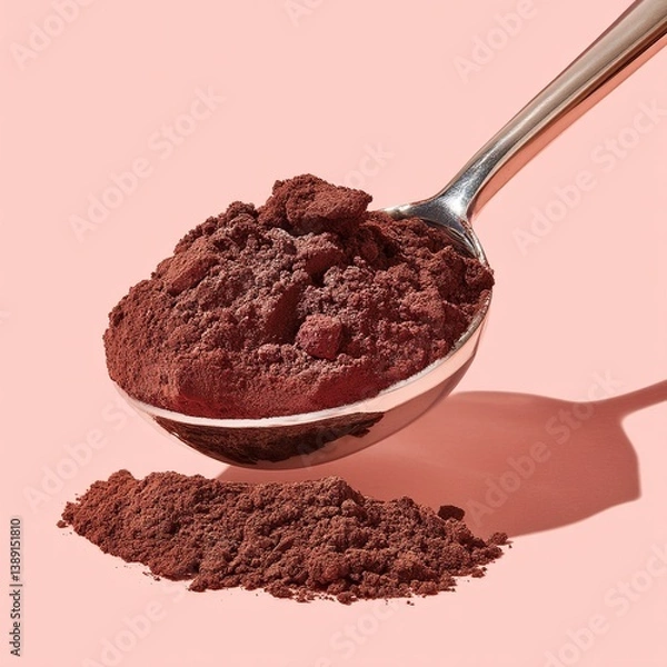 Fototapeta A heaping spoonful of milk chocolate cocoa, emphasizing its deep color and fine particles - dark deep cocoa intense fine