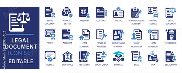 Fototapeta Legal document icon set. including contract, ID, certificate, court order, and agreement icons. Ideal for law, office, and legal service designs.Editable flat vector solid icons collection