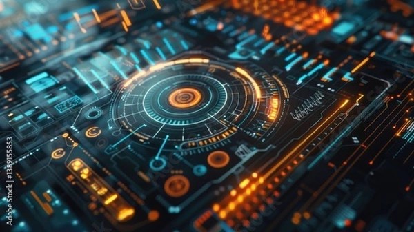 Fototapeta abstract technology background, electronic circuit board with processor, fiber optics background with many light spots