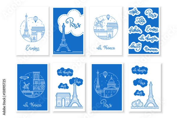 Fototapeta Set greeting postcards on the theme of Paris, with lettering. Linear vector illustration