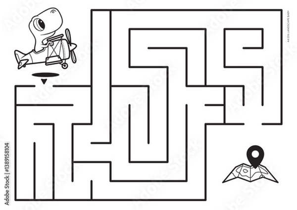Obraz Vector black lines for printable maze. A4 format. Coloring book educational maze with a little dinosaur flying by plane looking for a map. Size landscape.