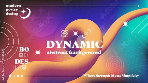 Fototapeta Grain textured cool gradient background with geometric shapes. Fluid holographic gradient poster for wall art or social media cover. Modern wallpaper design template, brutalism inspired. Vector