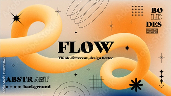 Fototapeta Grain textured cool gradient background with geometric shapes. Fluid holographic gradient poster for wall art or social media cover. Modern wallpaper design template, brutalism inspired. Vector