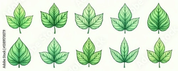 Fototapeta Collection of charming mint leaf line art designs in various shapes and sizes, elegant, plant, charming