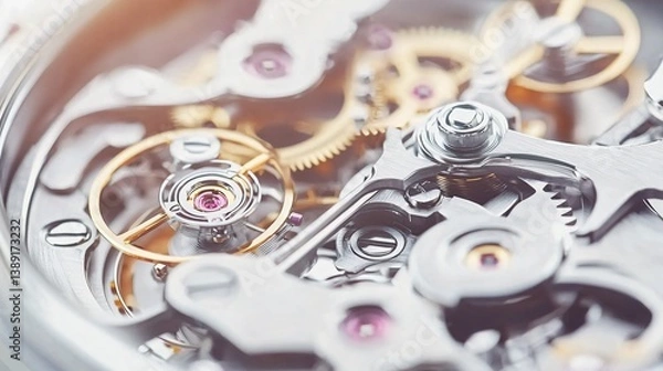 Fototapeta Watch movement macro. Silver & gold gears, ruby jewels, complex mechanics