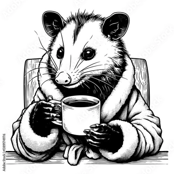 Obraz relaxed possum in a robe holding a steaming coffee cup, perfect for quirky lifestyle concepts engraving generative ai sketch PNG illustration