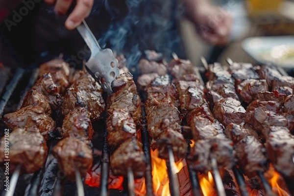 Obraz Macro shot of juicy beef kebabs a grill with glowing charcoal and a vendor flipping skewers coated in rich marinade