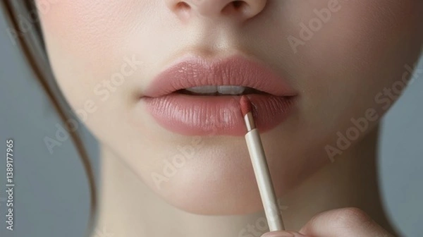 Fototapeta Close-up of lips with matte lipstick application. Elegant lip liner defining natural shape, featuring soft nude tones and text space.
