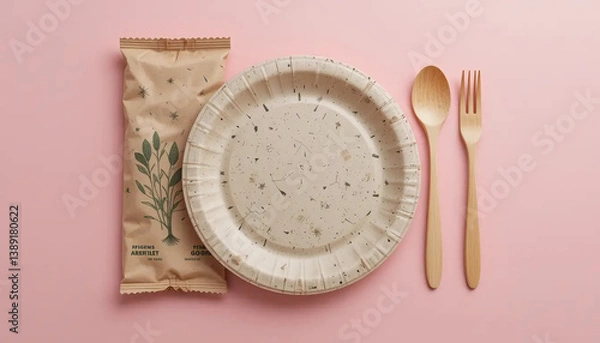 Fototapeta eco friendly food packing  materials including a fork, knife, and spoon on an empty table setting 