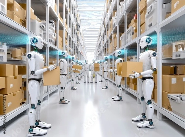 Fototapeta Robots Organizing Packages in High-Tech Warehouse Setting