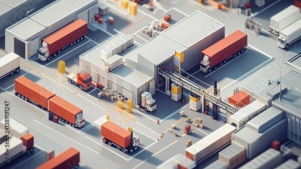 Fototapeta Overhead view showing a busy industrial shipping and receiving facility