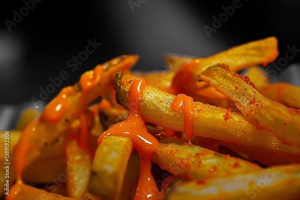 Obraz Selective color photography of red chili sauce dripping onto golden fries the background in black and white