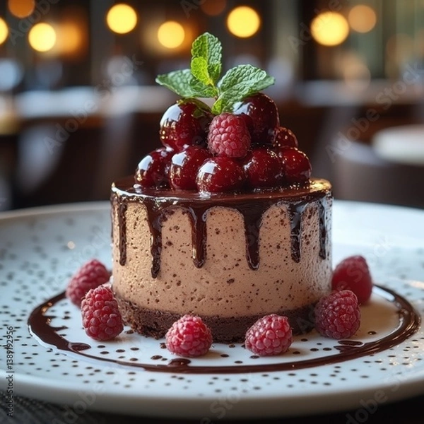 Obraz Chocolate raspberry cake with mint topping