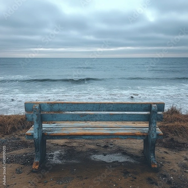 Obraz Ocean view with empty bench by the shore