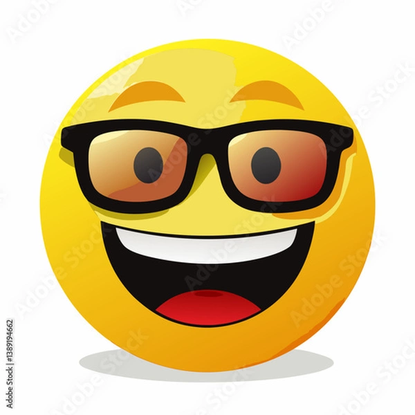 Fototapeta Cool 3D Yellow Emoji Face with Sunglasses and Big Smile – High Detail Glossy Render on White Background.