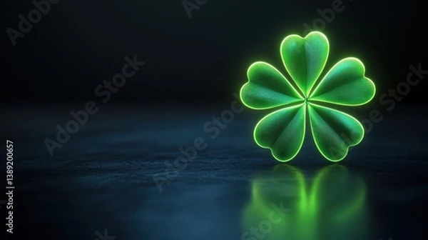 Fototapeta Elegant 3D neon green four-leaf clover icon with black background, simple design and space for text, ideal for St. Patrick's Day or good luck branding