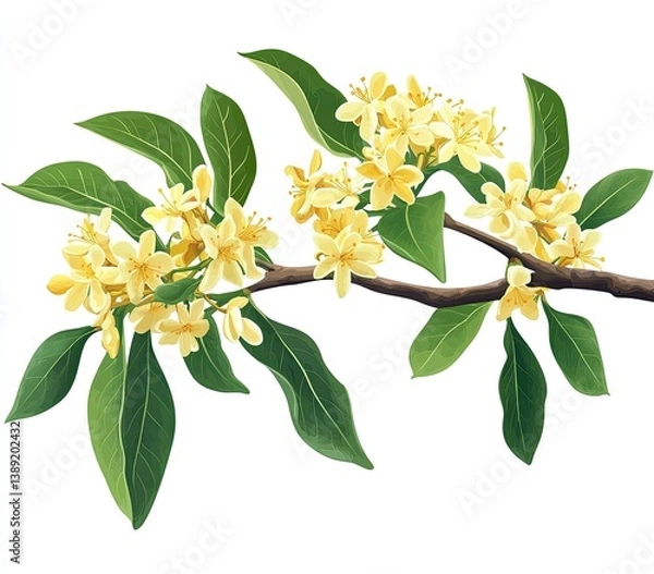 Fototapeta Delicate branch with pale yellow blossoms and lush leaves